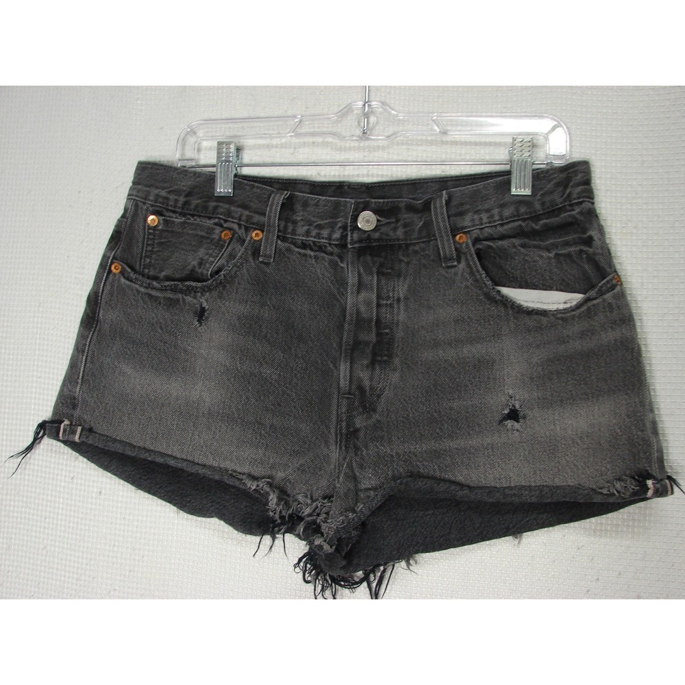Levis High Rise Buttonfly Faded Black Denim Jean Shorts Rolled Cutoff Hem Sz 31